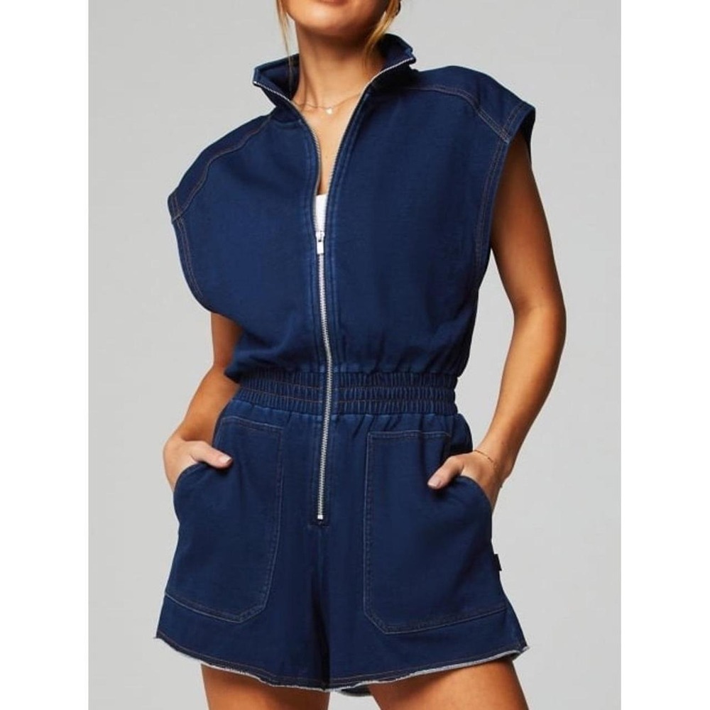 Fabletics Women Blue Sleeveless Full Zip Smocked Waist Denim Romper Large
